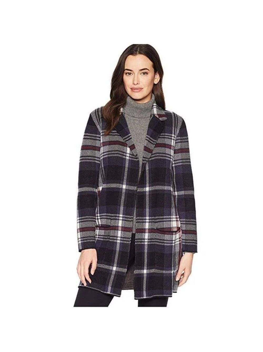 Chaps Blue White Red Plaid Cabincore Open Long Knit Jacket Coat XL